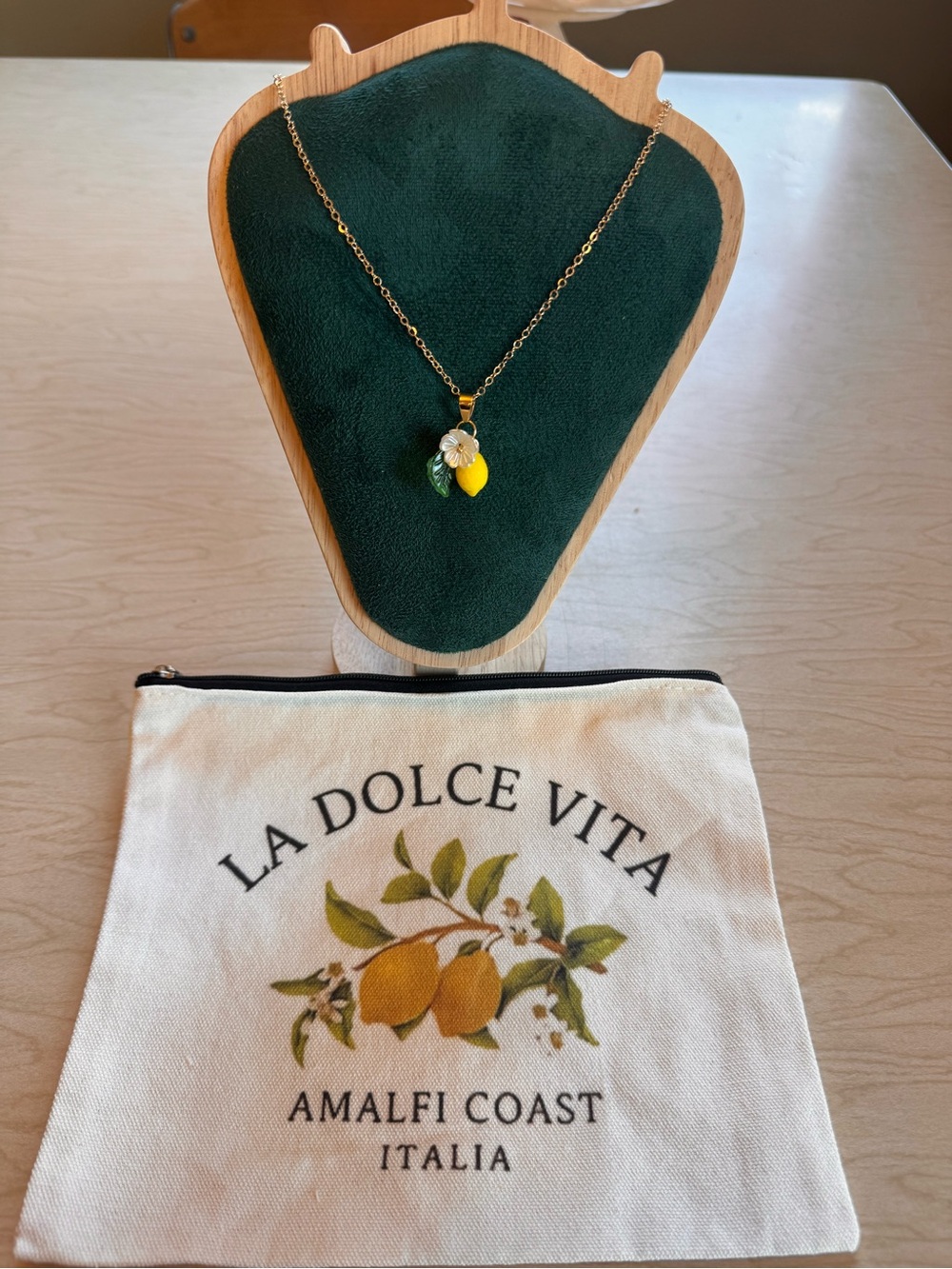 Lemon Charm Necklace bundled with Zippered La Dolce Vita Canvas Print Bag